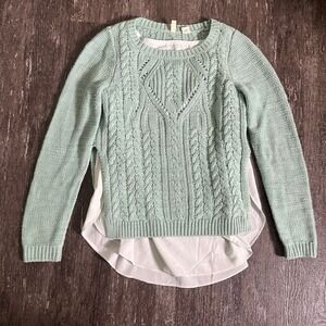 Moth Anthropologie Womens XS Cable Knit Pullover Sweater Mint Green Chiffon Hem